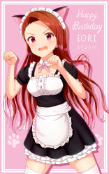 Rule 34 | 1girl, 2019, alternate costume, animal ears, apron, bad id, bad pixiv id, black shirt, black skirt, brown hair, cat ears, character name, cowboy shot, dated, detached collar, enmaided, floating hair, happy birthday, highres, idolmaster, idolmaster (classic), layered skirt, long hair, looking at viewer, maid, maid headdress, minase iori, miniskirt, neck ribbon, open mouth, paw pose, pink background, pink ribbon, pleated skirt, red eyes, ribbon, runmo77, shirt, short sleeves, skirt, solo, standing, thighhighs, very long hair, waist apron, wavy mouth, white apron, white thighhighs