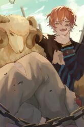 Rule 34 | 1boy, aise27820265, animal, barcode, barcode tattoo, blonde hair, chain, commentary, earrings, green eyes, hair between eyes, highres, horns, jewelry, long sleeves, male focus, multicolored hair, open mouth, orange hair, project sekai, sheep, sheep horns, shinonome akito, short hair, streaked hair, symbol-only commentary, tattoo, teeth, tongue, tongue out