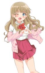 Rule 34 | 1girl, bad id, bad twitter id, blue eyes, blush, bow, bowtie, brown hair, earrings, floating hair, hair over shoulder, heart, heart hands, highres, jacket, jewelry, long hair, long sleeves, mewkledreamy, one eye closed, open mouth, school uniform, shirt, sincos, skirt, solo, tsukishima maira, wavy hair