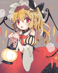 Rule 34 | 1girl, adapted costume, blonde hair, bow, bowtie, center frills, collared shirt, cowboy shot, detached sleeves, fake scar, fang, flandre scarlet, frills, grey background, hair between eyes, halloween, hat, highres, looking at viewer, medium hair, mob cap, multicolored wings, nig 18, one side up, open mouth, petticoat, pointy ears, red bow, red bowtie, red eyes, red skirt, shirt, simple background, skin fang, skirt, sleeveless, sleeveless shirt, solo, touhou, trick or treat, white hat, white shirt, wide sleeves, wings