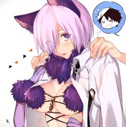 Rule 34 | &gt; &lt;, 1boy, 1girl, animal ears, blush, breasts, cleavage, elbow gloves, closed eyes, fate/grand order, fate (series), flying sweatdrops, fujimaru ritsuka (male), gloves, hair over one eye, halloween costume, looking at viewer, mash kyrielight, mash kyrielight (dangerous beast), official alternate costume, purple eyes, purple gloves, purple hair, simple background, solo focus, white background, wolf ears, ya 4004