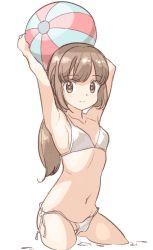 Rule 34 | 1girl, arms up, ball, beachball, bikini, breasts, female focus, looking at viewer, loose bikini, nagatsuki misoka, navel, original, partially submerged, partially visible vulva, ponytail, simple background, small breasts, smile, solo, swimsuit, wading, white background, white bikini