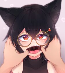 Rule 34 | 1boy, animal ear fluff, animal ears, artist name, bare shoulders, black hair, blush, commentary, commission, english commentary, finger in another&#039;s mouth, glasses, grey background, hair between eyes, hair ornament, hairclip, heart, heart-shaped pupils, heart background, heart hair ornament, highres, indie virtual youtuber, looking at viewer, medium hair, open mouth, orange eyes, pov, saliva, shizu kurokami, solo focus, symbol-shaped pupils, tearing up, teeth, tongue, trap, twitter username, universal-kun (m ukkiw), uvula, virtual youtuber, yellow-framed eyewear