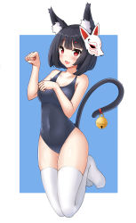 Rule 34 | 1girl, :d, absurdres, animal ears, azur lane, bare arms, bare shoulders, bell, blue background, blue one-piece swimsuit, blunt bangs, blush, breasts, cat ears, cat mask, cat tail, cleavage, collarbone, competition swimsuit, covered navel, fang, full body, hands up, highres, jingle bell, jumping, looking at viewer, mask, mask on head, medium breasts, no shoes, nyanyang, one-piece swimsuit, open mouth, paw pose, red eyes, short hair, simple background, smile, solo, swimsuit, tail, tail bell, tail ornament, thighhighs, thighs, white thighhighs, yamashiro (azur lane), yamashiro (summer offensive?) (azur lane)