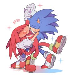 Rule 34 | 2boys, animal ears, animal nose, arm up, artist name, blue fur, blush, boots, closed eyes, closed mouth, dancing, furry, furry male, hand up, hedgehog, hedgehog ears, hedgehog tail, highres, knuckles the echidna, leg up, male focus, multiple boys, open mouth, red footwear, red fur, shadow, shoes, simple background, sk rokuro, smile, sneakers, socks, sonic (series), sonic the hedgehog, standing, standing on one leg, tail, teeth, tongue, white background, white socks, yaoi