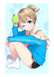 Rule 34 | 1girl, ;), bare shoulders, beige jacket, black shorts, blue background, blue eyes, blue jacket, blush, bon (bonbon315), cellphone, closed mouth, collarbone, commentary request, hair bun, hair ornament, hairclip, highres, holding, holding phone, jacket, long sleeves, looking at viewer, multicolored clothes, multicolored jacket, no shoes, off shoulder, one eye closed, original, phone, short shorts, shorts, side bun, single hair bun, single side bun, sitting, smile, socks, solo, white socks