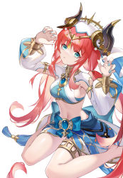 Rule 34 | 1girl, absurdres, arabian clothes, barefoot, blue bow, blue gemstone, blue nails, blue skirt, bow, breasts, chinese commentary, closed mouth, commentary, crop top, fingernails, forehead jewel, gem, genshin impact, gold trim, hands up, harem outfit, highres, horns, long hair, long sleeves, looking up, medium breasts, nail polish, navel, nilou (genshin impact), puffy long sleeves, puffy sleeves, red hair, shimutsuki, sidelocks, simple background, sitting, skirt, solo, thighlet, very long hair, wariza, white background, white headdress, white veil, yellow gemstone