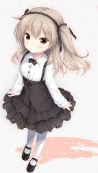 Rule 34 | 10s, 1girl, absurdres, black bow, black bowtie, black footwear, black hairband, bow, bowtie, breasts, brown eyes, brown skirt, closed mouth, collared shirt, commentary request, dress shirt, fingernails, girls und panzer, grey background, hair between eyes, hair bow, hairband, high-waist skirt, highres, light brown hair, long hair, long sleeves, looking at viewer, one side up, pantyhose, pleated skirt, shadow, shimada arisu, shirt, shizukawashi sumi, shoes, skirt, sleeves past wrists, small breasts, solo, star (symbol), white pantyhose, white shirt