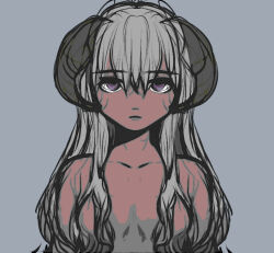 Rule 34 | 1girl, collarbone, commentary, demon girl, demon horns, expressionless, grey background, hair censor, horns, long hair, looking at viewer, original, purple eyes, simple background, solo, straight-on, toned female, topless, tsucudaniv3, upper body, white hair