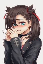 Rule 34 | 1girl, black choker, black jacket, black nails, blue eyes, blush, brown hair, choker, creatures (company), earrings, embarrassed, fingernails, flying sweatdrops, game freak, hair horns, hands up, highres, hoshi san 3, jacket, jewelry, looking at viewer, marnie (pokemon), medium hair, nail polish, nintendo, open mouth, own hands together, pokemon, pokemon swsh, simple background, solo, steepled fingers, stud earrings, twintails, upper body, white background