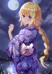 Rule 34 | 1girl, absurdres, alternate costume, ass, black bow, blonde hair, blue eyes, blush, bow, braid, braided ponytail, fate/apocrypha, fate/grand order, fate (series), fireflies, floral print, from behind, full moon, hair bow, highres, japanese clothes, jeanne d&#039;arc (fate), jeanne d&#039;arc (ruler) (fate), kimono, long hair, looking back, moon, mz7, night, obi, purple kimono, sash, single braid, solo, summer festival, unmoving pattern, very long hair, wide sleeves, yukata