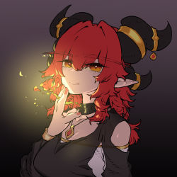 Rule 34 | 1girl, alexstrasza, black dress, breasts, closed mouth, clothing cutout, commentary, dragon horns, dress, fingernails, flower, glowing, gradient background, grey background, hand up, highres, holding, holding flower, horn ornament, horn ring, horns, large breasts, long eyebrows, long hair, looking at viewer, nail polish, orange eyes, pink nails, pointy ears, red flower, red hair, red rose, rose, shoulder cutout, smile, solo, ssambatea, upper body, warcraft, world of warcraft, yellow eyes