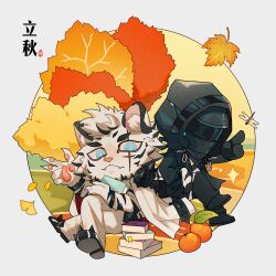 Rule 34 | 2boys, absurdres, animal ears, arknights, autumn leaves, blue eyes, book, book stack, bright pupils, chibi, doctor (arknights), doufujintianxianle, fangs, food, fruit, full body, furry, furry male, highres, holding, holding book, hood, hood up, index finger raised, jacket, jacket on shoulders, looking at viewer, male doctor (arknights), male focus, mandarin orange, mountain (arknights), multiple boys, pants, salute, scar, scar across eye, scar on face, short hair, thick eyebrows, tiger boy, tiger ears, white fur, white hair, white pants