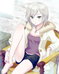 Rule 34 | 10s, 1girl, :o, anastasia (idolmaster), argon, barefoot, blue eyes, chair, coat, cross, cross necklace, feet, feet on chair, fur coat, idolmaster, idolmaster cinderella girls, jacket, jewelry, legs, necklace, short hair, shorts, silver hair, sitting, solo