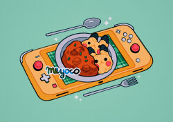 Rule 34 | absurdres, artist name, creatures (company), curry, food, food focus, fork, game freak, gen 1 pokemon, green background, highres, meyoco, nintendo, nintendo switch, nintendo switch lite, no humans, pikachu, plaid, plate, pokemon, simple background, sparkle, spoon