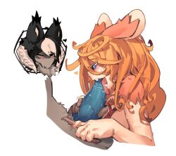 Rule 34 | animal ears, animal penis, black eyes, blonde hair, blue eyes, blue penis, blush, fang, fellatio, furry, furry female, futa with female, futanari, heart, knifedragon, knotted penis, long hair, lyza (made in abyss), made in abyss, oral, ozen, tongue, white background