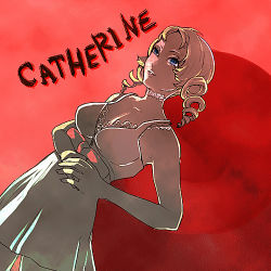Rule 34 | 1girl, atlus, blonde hair, blue eyes, bra, breasts, catherine, catherine (game), choker, dress, drill hair, female focus, gradient background, long hair, lowres, mdtmrm, solo, twin drills, twintails, underwear, white dress