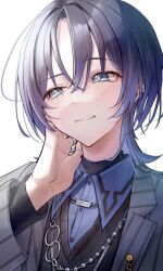 Rule 34 | 1girl, blue eyes, blue hair, blue shirt, blush, collared shirt, ear blush, earrings, hair between eyes, hiodoshi ao, hiodoshiao, hololive, hololive dev is, jewelry, looking to the side, mole, mole under mouth, multiple necklaces, pinstripe jacket, pinstripe pattern, portrait, reverse trap, ring, shirt, short hair, shy, solo, striped, virtual youtuber, white background