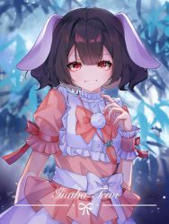Rule 34 | 1girl, animal ears, arm at side, black hair, bow, bowtie, carrot necklace, character name, commentary, frilled sleeves, frills, grin, hand up, highres, inaba tewi, layered clothes, looking at viewer, medium hair, necklace, pink bow, pink bowtie, pink shirt, pom pom (clothes), puffy short sleeves, puffy sleeves, rabbit ears, rabbit girl, red eyes, red ribbon, ribbon, ringo no usagi (artist), shirt, short sleeves, skirt, smile, solo, teeth, touhou, upper body, waist bow, white bow, white skirt, wrist cuffs