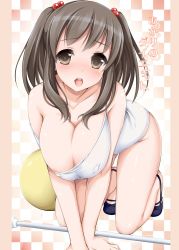 Rule 34 | 1girl, absurdres, all fours, blush, breasts, brown eyes, brown hair, cleavage, hair bobbles, hair ornament, highres, large breasts, looking at viewer, massaratou, motomushi, open mouth, original, solo, translated, twintails, two side up