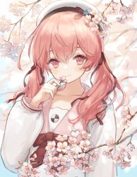 Rule 34 | .live, 1girl, beret, cherry blossoms, collarbone, commentary request, flower, hair between eyes, hat, highres, kitakami futaba, looking at viewer, pink eyes, pink hair, portrait, school uniform, simple background, smile, solo, twintails, user nmkv4758, virtual youtuber