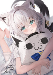 Rule 34 | 1girl, absurdres, ahoge, animal ear fluff, animal ears, bed sheet, blush, braid, commentary request, hugging doll, earrings, fox ears, fox girl, fox tail, green eyes, hair between eyes, highres, hololive, jewelry, long hair, looking at viewer, lying, miteiru (shirakami fubuki), hugging object, on stomach, shirakami fubuki, shirt, sidelocks, single braid, siyara amau, smile, solo, stuffed animal, stuffed toy, tail, virtual youtuber, white hair, white shirt
