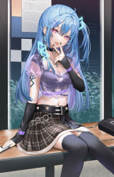 Rule 34 | 1girl, ahoge, arm warmers, bag, belt, bench, black choker, black shirt, black skirt, black thighhighs, blouse, blue hair, breasts, chain, choker, cleavage, cleavage cutout, clothing cutout, commentary, commission, crop top, cunnilingus gesture, ear piercing, earrings, english commentary, frilled shirt, frills, hair ornament, hairclip, handbag, heart cutout, highres, jewelry, lloule, long hair, looking at viewer, medium breasts, midriff, miniskirt, nail polish, navel, necklace, one side up, original, piercing, pink eyes, pixiv commission, plaid, plaid skirt, pleated skirt, purple shirt, ring, see-through, see-through shirt, shirt, short sleeves, sidelocks, sitting, skirt, solo, stomach, thighhighs, tongue, tongue out, tongue piercing, undershirt