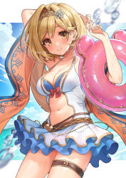 Rule 34 | 1girl, blonde hair, breasts, cleavage, closed mouth, djeeta (granblue fantasy), frilled one-piece swimsuit, frilled swimsuit, frills, granblue fantasy, holding, holding swim ring, innertube, iro 178, looking at viewer, medium breasts, navel, one-piece swimsuit, short hair, smile, solo, swim ring, swimsuit, thigh strap, thighs, twitter username, wet, yellow eyes