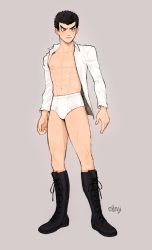 Rule 34 | 1boy, abs, artist name, black footwear, black hair, blush, boots, c0nmeat, closed mouth, collarbone, commentary, danganronpa: trigger happy havoc, danganronpa (series), english commentary, full body, grey background, highres, ishimaru kiyotaka, jacket, knee boots, long sleeves, looking at viewer, male focus, male underwear, navel, open clothes, open jacket, red eyes, short hair, simple background, solo, standing, underwear, white jacket, white male underwear