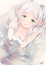 Rule 34 | 1girl, bathing, collarbone, drop earrings, earrings, frieren, green eyes, highres, jewelry, long hair, looking at viewer, nightgown, open mouth, parted bangs, partially submerged, pointy ears, solo, sousou no frieren, steam, strap slip, twintails, white hair, white nightgown, yuri pekko
