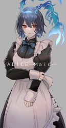 Rule 34 | 1girl, :o, akitama2727, alice (sinoalice), apron, black dress, blue hair, dress, grey background, hair between eyes, headband, highres, long sleeves, looking at viewer, maid, maid apron, open mouth, red eyes, short hair, simple background, sinoalice, solo