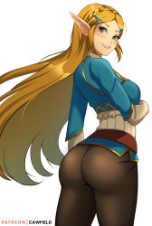 Rule 34 | 1girl, ass, bad id, bad pixiv id, blonde hair, blue shirt, blush, braid, breasts, cawfield, cowboy shot, elf, from behind, green eyes, hair ornament, hairclip, large breasts, lips, long hair, long sleeves, looking at viewer, looking back, nintendo, pants, patreon username, pointy ears, princess zelda, shirt, simple background, smile, solo, standing, teeth, the legend of zelda, the legend of zelda: breath of the wild, tight clothes, tight pants, very long hair, white background