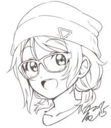 Rule 34 | 1girl, :d, beanie, blush, dated, glasses, greyscale, hair between eyes, hat, looking at viewer, love live!, love live! sunshine!!, monochrome, open mouth, portrait, short hair, short twintails, signature, simple background, smile, solo, takeya yuuki, twintails, watanabe you, white background