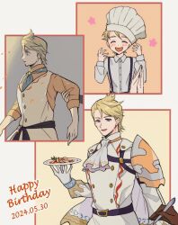 Rule 34 | 1boy, 2024, alternate costume, aqua ascot, ascot, belt, blonde hair, blue eyes, bunet (fire emblem), chef hat, dated, fire emblem, fire emblem engage, food, happy birthday, hat, highres, holding, holding food, holding plate, looking at viewer, male focus, multiple views, nintendo, oda32t, open mouth, orange shirt, plate, shirt, smile, suspenders, white ascot