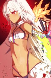 Rule 34 | 10s, 1girl, altera (fate), armor, bad id, bad pixiv id, bare shoulders, black nails, choker, dark-skinned female, dark skin, fate/extella, fate/extra, fate/grand order, fate (series), fire, holding, holding weapon, looking to the side, midriff, nachisuke (nachi comic), nail polish, navel, photon ray (fate), rainbow, red eyes, short hair, solo, sword, tattoo, veil, weapon, white hair