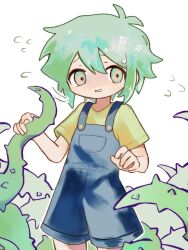 Rule 34 | 1boy, basil (headspace) (omori), basil (omori), blue overalls, flying, flying sweatdrops, green eyes, green hair, highres, mita ru0, omori, overall shorts, overalls, parted lips, plant, shirt, short hair, short sleeves, simple background, solo, sweatdrop, thorns, vines, white background, yellow shirt