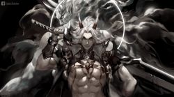 Rule 34 | 1boy, abs, arataki itto, artist name, chest harness, chest tattoo, claymore (sword), collar, commentary, english commentary, facial tattoo, genshin impact, hand up, harness, highres, horns, looking at viewer, male focus, medium hair, oni, oni horns, over shoulder, rope, smile, smoke, solo, spiked collar, spikes, standing, tassel, tattoo, upper body, vision (genshin impact), weapon, weapon over shoulder, white hair, wrist guards, y02makino, yellow eyes