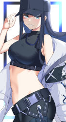Rule 34 | 1girl, bare shoulders, belt, black hat, black pants, black shirt, blue archive, blue eyes, blue hair, blush, breasts, from side, gaitoou, hand on headwear, hat, highres, jacket, large breasts, long sleeves, looking at viewer, midriff, off shoulder, pants, parted lips, saori (blue archive), shirt, sleeveless, sleeveless shirt, smile, solo, white jacket
