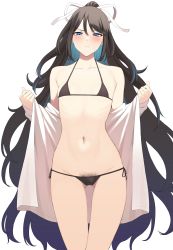 Rule 34 | 1girl, absurdres, bikini, black bikini, black hair, blue eyes, blush, closed mouth, collarbone, commentary request, cowboy shot, female pubic hair, flat chest, gluteal fold, groin, hair between eyes, hair ribbon, hands up, highres, kantai collection, katsuragi (kancolle), long hair, looking at viewer, navel, ponytail, pubic hair, pubic hair peek, ribbon, side-tie bikini bottom, simple background, solo, standing, stomach, swimsuit, takaman (gaffe), very long hair, white background, white ribbon