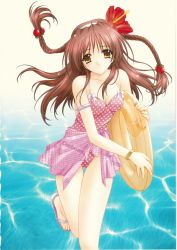 Rule 34 | 1girl, absurdres, armlet, beach, bracelet, braid, brown hair, casual one-piece swimsuit, flower, food, food-themed clothes, food-themed hair ornament, fruit, hair flower, hair ornament, hairband, hibiscus, highres, innertube, jewelry, kimizuka aoi, long hair, one-piece swimsuit, orange eyes, polka dot, polka dot swimsuit, running, sandals, sarong, scan, smile, solo, strawberry, strawberry hair ornament, swim ring, swimsuit, thigh gap, thighs, toes, twin braids, water, yellow eyes