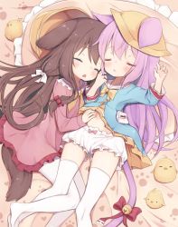 Rule 34 | 2girls, :&lt;, animal ears, arashiya, arm up, azur lane, bed, bell, bird, bloomers, blue shirt, brown hair, cat ears, cat tail, chick, child, child on child, closed eyes, clothes lift, commission, commissioner upload, cuddling, dog ears, dog tail, dress, face-to-face, flat chest, fumizuki (azur lane), hand on another&#039;s stomach, hat, headwear request, jingle bell, kindergarten uniform, kisaragi (azur lane), legs, lifting another&#039;s clothes, long hair, lying, manjuu (azur lane), multiple girls, navel, on back, on side, open mouth, pantyhose, pillow, pink dress, pink hair, pixiv commission, ribbon, school hat, school uniform, serafuku, shirt, short dress, skirt, skirt lift, sleeping, tail, tail ornament, tail ribbon, thighhighs, thighs, underwear, unworn headwear, white legwear, yellow headwear, yellow skirt, yuri