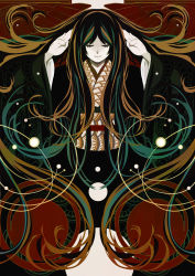 Rule 34 | 1girl, absurdly long hair, closed mouth, commentary request, eyelashes, facing viewer, green hair, hands up, japanese clothes, kimono, kondou totetsu, long hair, long sleeves, multicolored hair, obi, original, parted bangs, sash, smile, solo, streaked hair, upper body, very long hair, wavy mouth, wide sleeves
