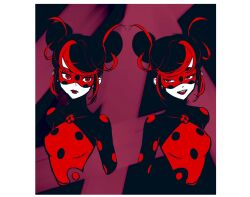 Rule 34 | 2girls, bodysuit, bug, double bun, earrings, hair bun, highres, hoshi mi, insect, jewelry, ladybug, marinette dupain-cheng, miraculous ladybug, multiple girls, red bodysuit, red eyes, red mask, shadybug, smile, superhero costume, upper body
