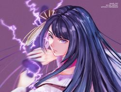 Rule 34 | 1girl, blunt bangs, blurry, blurry background, closed mouth, electricity, english text, fighting stance, genshin impact, hair ornament, holding, holding sword, holding weapon, japanese clothes, katana, long hair, mole, mole under eye, nash-kun, purple eyes, purple hair, raiden shogun, ready to draw, solo, sword, twitter username, weapon