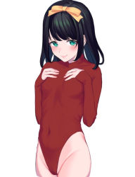 Rule 34 | 1girl, aqua eyes, black hair, blush, bow, breasts, covered navel, groin, hair bow, heattech leotard, highleg, leotard, looking at viewer, medium hair, miyako no gohan, original, ribbed sweater, simple background, sleeves past wrists, smile, solo, sweater, turtleneck, white background