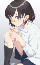 Rule 34 | 1girl, absurdres, bandaid, bandaid on face, bandaid on hand, bandaid on leg, bandaid on nose, black hair, blue eyes, blue shorts, bunoshii, closed mouth, collared shirt, ear piercing, hair over eyes, highres, knee up, long sleeves, looking at viewer, original, piercing, shirt, short hair, shorts, sitting, socks, solo, uniform, white background, white shirt