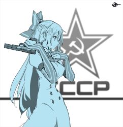 Rule 34 | 1girl, bow, breasts, circle a, commentary request, cowboy shot, dress, from side, girls&#039; frontline, gun, hair bow, hammer and sickle, handgun, juliet sleeves, large breasts, long hair, long sleeves, monochrome, profile, puffy sleeves, red eyes, solo, spot color, star (symbol), tokarev (girls&#039; frontline), tokarev tt-33, weapon
