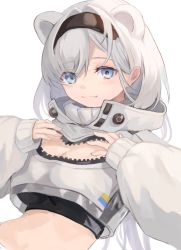 Rule 34 | 1girl, animal ears, arknights, aurora (arknights), bear ears, black hairband, black shirt, blue eyes, commentary request, crop top, cropped jacket, female focus, hairband, jacket, long hair, long sleeves, looking at viewer, midriff, no navel, shirt, simple background, smile, solo, stomach, touchika, upper body, white background, white hair, white jacket