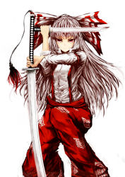 Rule 34 | 1girl, arm belt, bow, collared shirt, cowboy shot, dual wielding, fighting stance, frown, fujiwara no mokou, hair bow, highres, hime cut, holding, katana, large bow, leg up, long hair, long sleeves, looking at viewer, multiple swords, pants, red eyes, red pants, serious, shirt, silver hair, simple background, solo, standing, suspenders, sword, torohi (marutorohi), touhou, very long hair, wakizashi, weapon, white background, white shirt