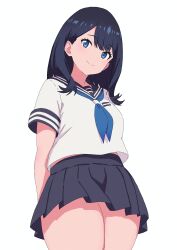 1girl absurdres alternate_costume black_hair blue_eyes breasts commentary_request gridman_universe gridman_universe_(film) highres long_hair looking_at_viewer official_alternate_costume pleated_skirt school_uniform serafuku shirt short_sleeves simple_background skirt smile solo ssss.gridman standing superioru takarada_rikka thighs white_background white_serafuku white_shirt